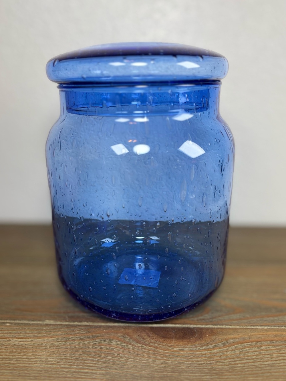 Pier 1 Cobalt Blue Bubble Glass Medium Round Apothecary Jar With Lid 7” X 4.5”